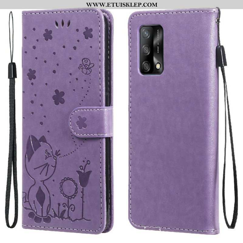 Etui Folio do Oppo A74 4G z Łańcuch Kot I Pszczoła Z Smyczą